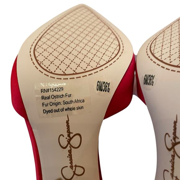 Jessica Simpson Wolistie Ankle Strap Dress Pumps Red Feather Pom Pom Size 6 NEW - Picture 9 of 15